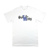 The BOSK Solidarity Tee is a plain white shirt with "Solidarity" in black Old English font, the “LA” in blue inspired by the Dodgers, celebrating art education and unity in Oakland. Displayed on a white background.
